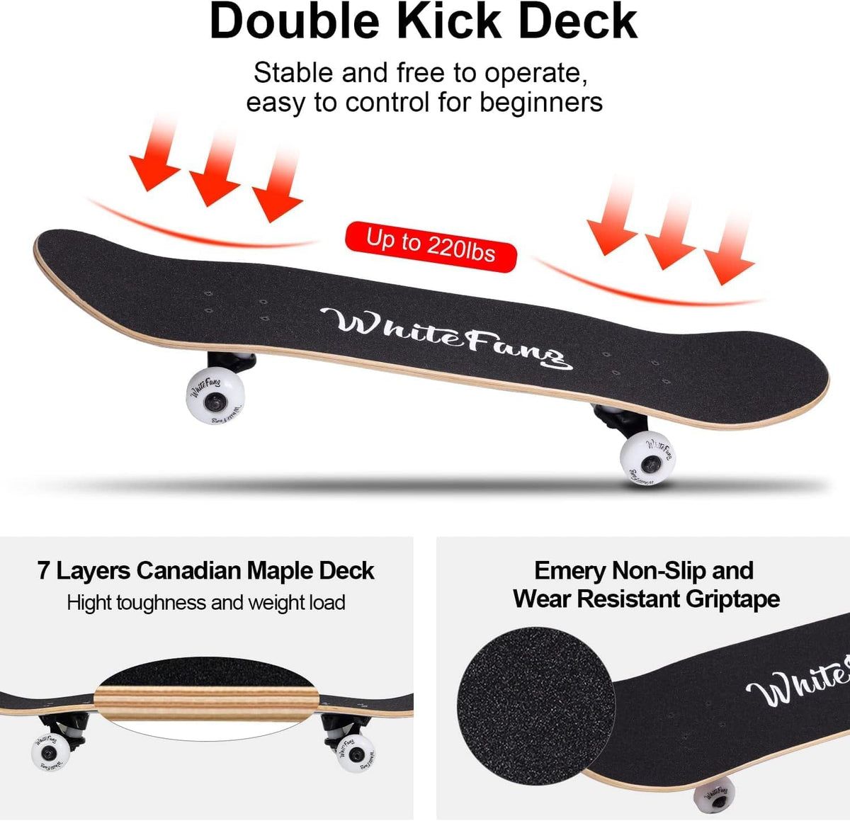 Skateboards for Beginners, Complete Skateboard 31 x 7.88, 7 Layer Canadian Maple Double Kick Concave Standard and Tricks Skateboards for Kids and Beginners