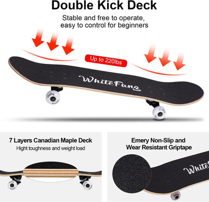Skateboards for Beginners, Complete Skateboard 31 x 7.88, 7 Layer Canadian Maple Double Kick Concave Standard and Tricks Skateboards for Kids and Beginners