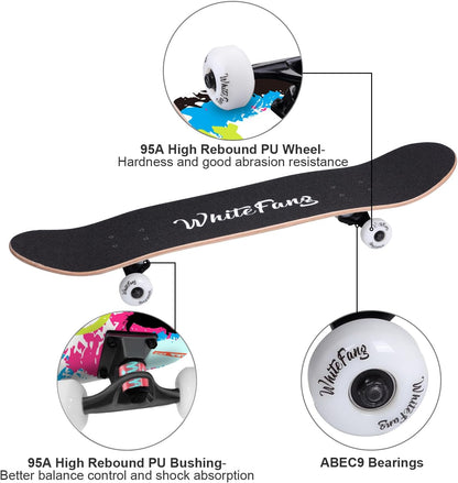 Skateboards for Beginners, Complete Skateboard 31 x 7.88, 7 Layer Canadian Maple Double Kick Concave Standard and Tricks Skateboards for Kids and Beginners