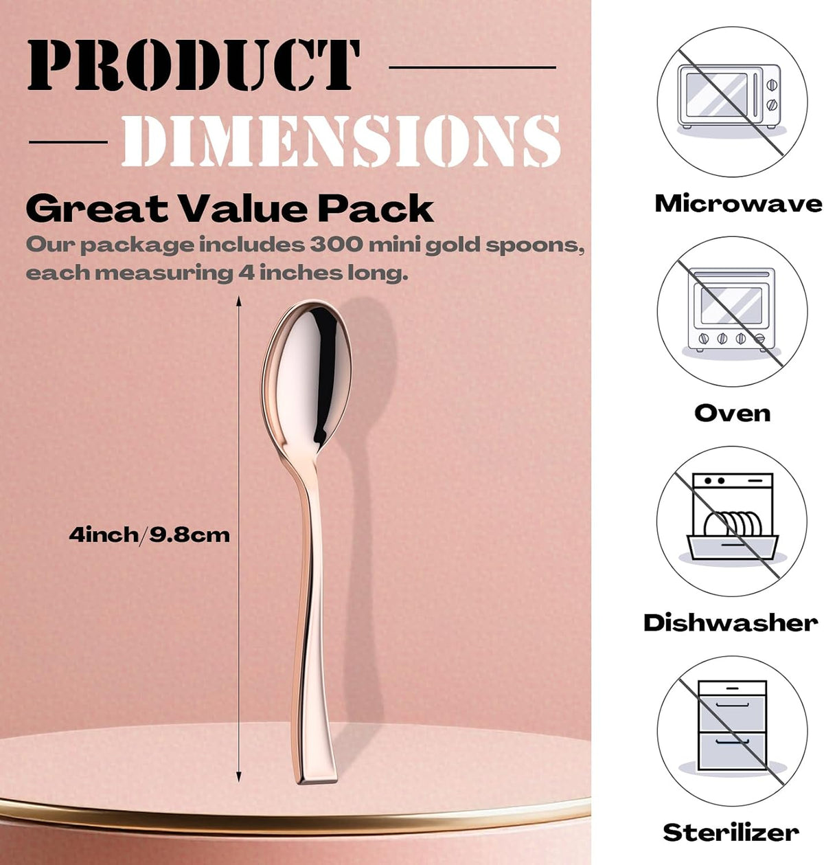 300 Pcs Disposable Mini Spoon Set 4 Inch Plastic Dessert, Rose Gold