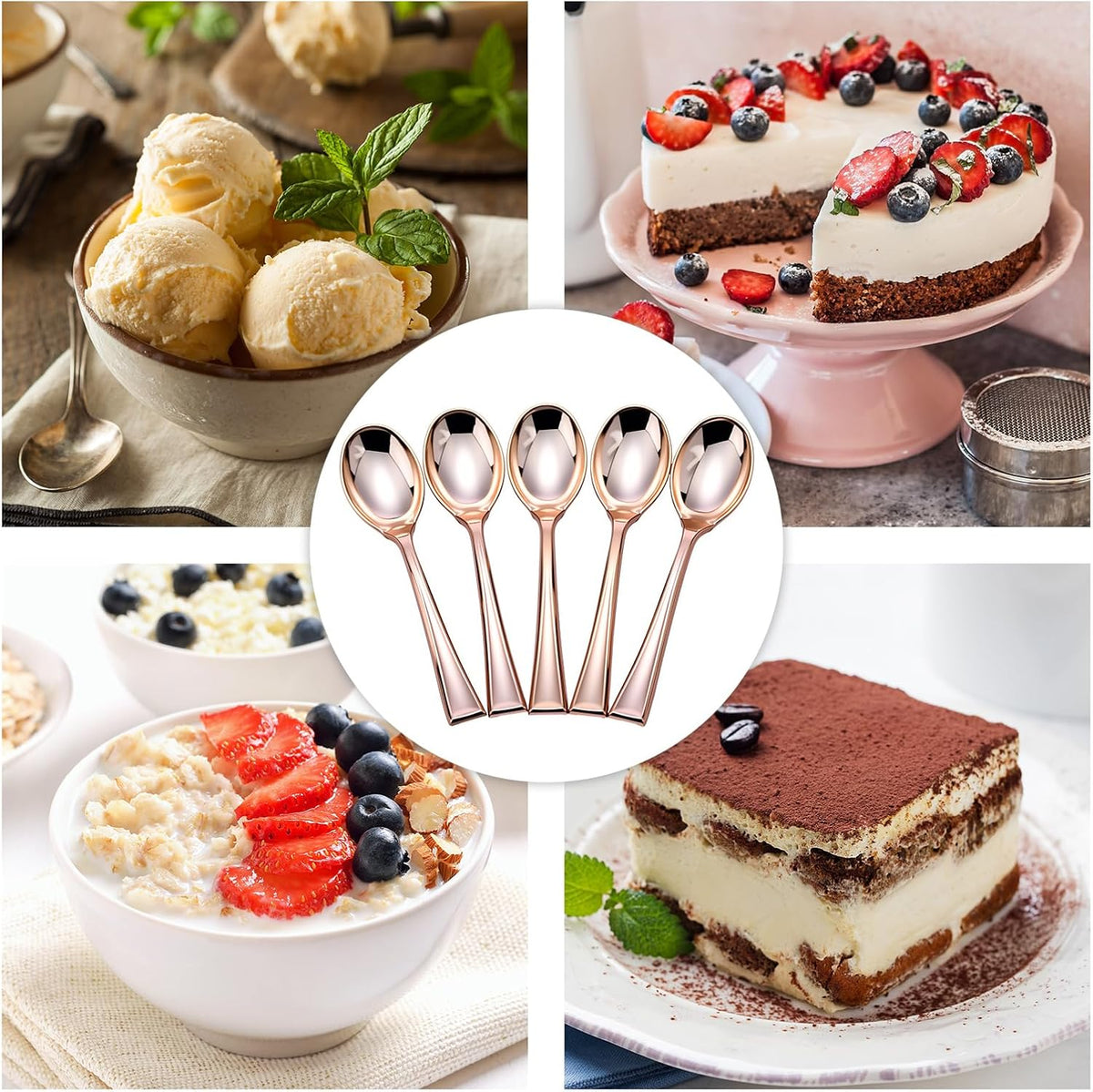 300 Pcs Disposable Mini Spoon Set 4 Inch Plastic Dessert, Rose Gold