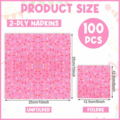 100 Pcs Sprinkles Donut Napkins Birthday Party,Pink,Donut