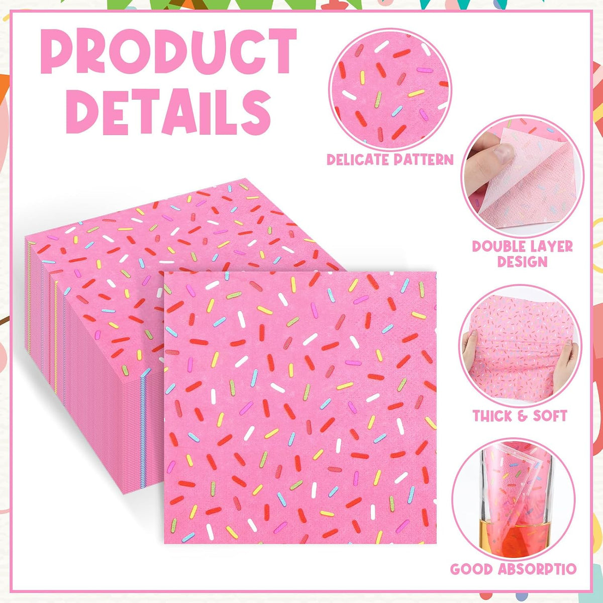 100 Pcs Sprinkles Donut Napkins Birthday Party,Pink,Donut