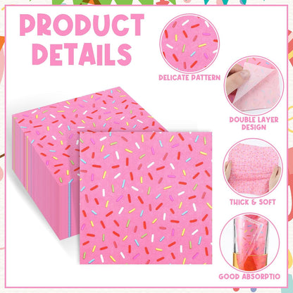 100 Pcs Sprinkles Donut Napkins Birthday Party,Pink,Donut