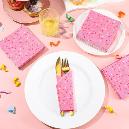 100 Pcs Sprinkles Donut Napkins Birthday Party,Pink,Donut