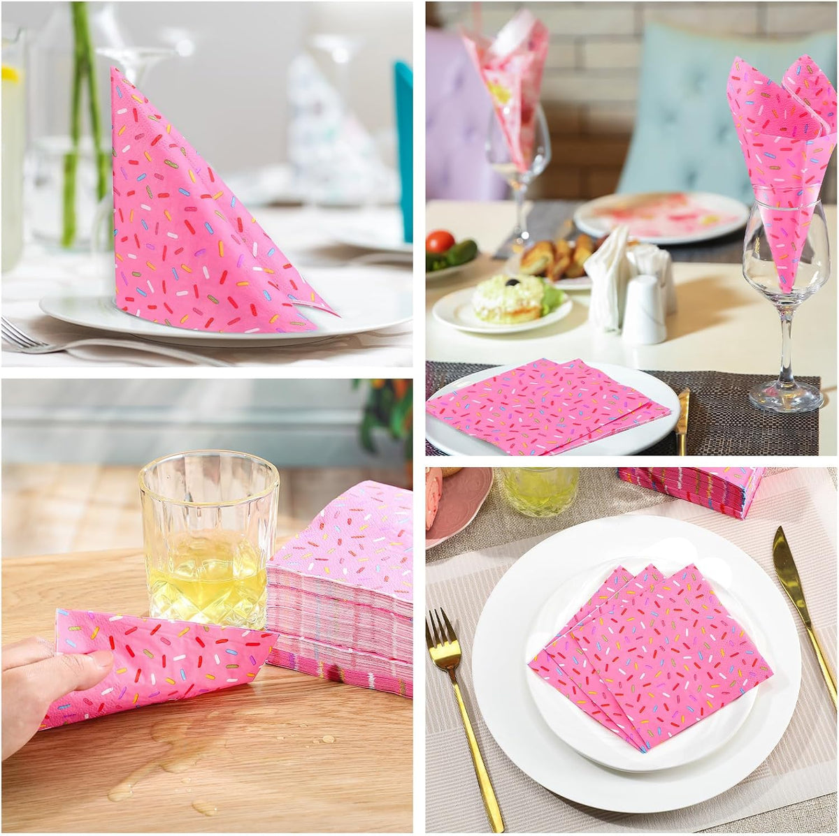100 Pcs Sprinkles Donut Napkins Birthday Party,Pink,Donut