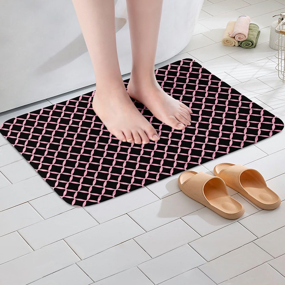 Pink Stripes Bathroom Rugs Abstract Geometric Bath Mats Modern Striped Art Bathroom Accessories Floor Doormats 16"x24" Soft Microfiber