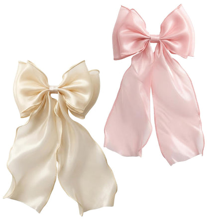 2PCS Light Pink Hair Bow, Pink Bow for Hair with Long Ribbon Tail, 20cm/7.87inches Hair Clips for Women & Girls