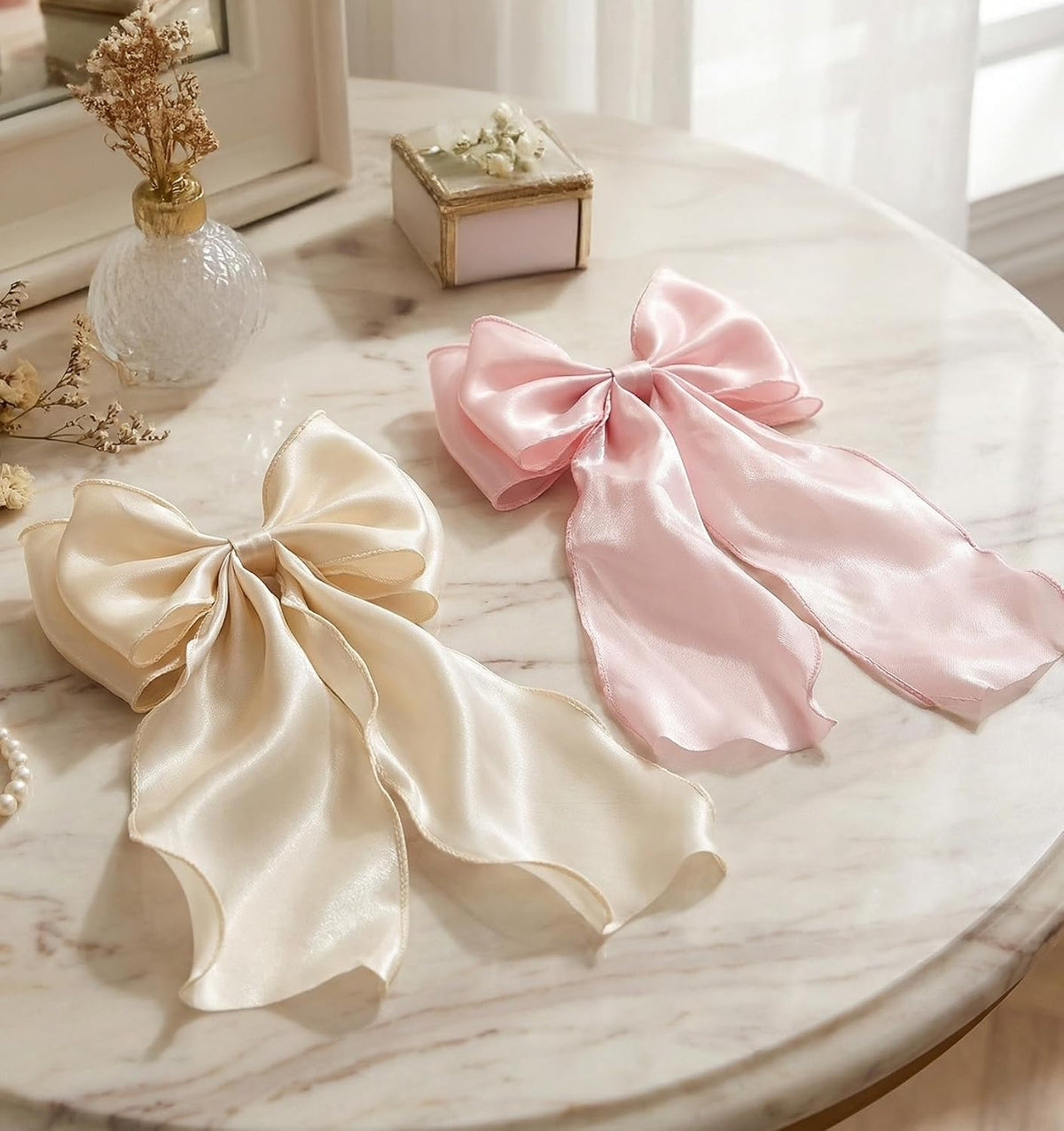 2PCS Light Pink Hair Bow, Pink Bow for Hair with Long Ribbon Tail, 20cm/7.87inches Hair Clips for Women & Girls