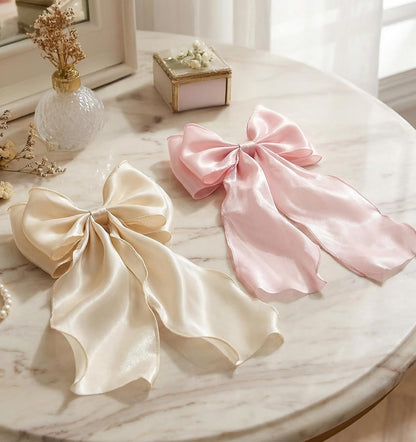 2PCS Light Pink Hair Bow, Pink Bow for Hair with Long Ribbon Tail, 20cm/7.87inches Hair Clips for Women & Girls