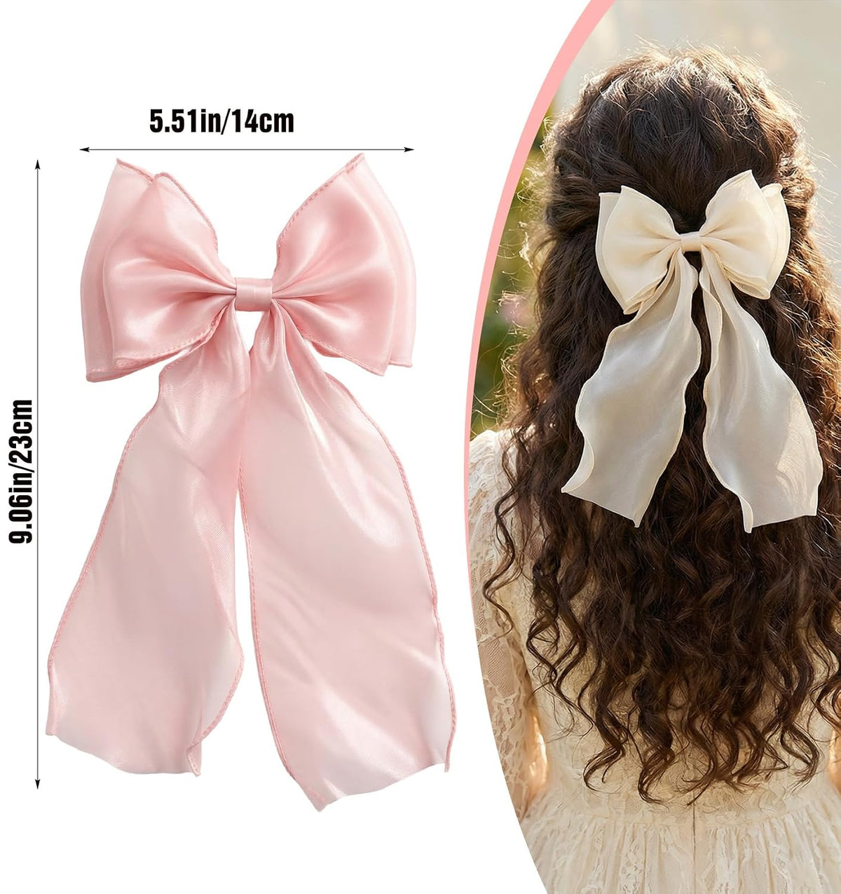 2PCS Light Pink Hair Bow, Pink Bow for Hair with Long Ribbon Tail, 20cm/7.87inches Hair Clips for Women & Girls