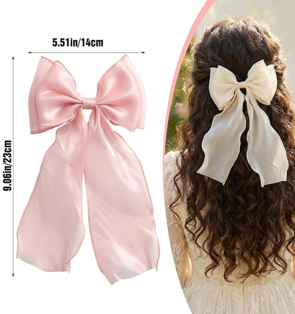 2PCS Light Pink Hair Bow, Pink Bow for Hair with Long Ribbon Tail, 20cm/7.87inches Hair Clips for Women & Girls