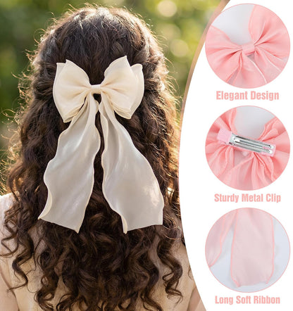 2PCS Light Pink Hair Bow, Pink Bow for Hair with Long Ribbon Tail, 20cm/7.87inches Hair Clips for Women & Girls