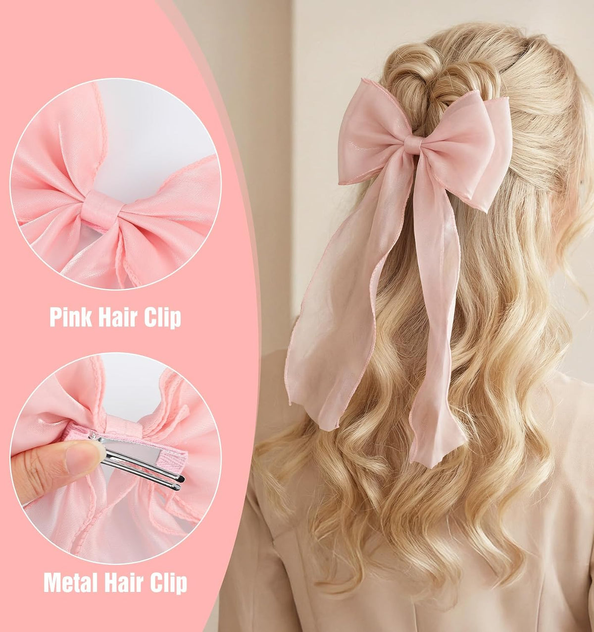 2PCS Light Pink Hair Bow, Pink Bow for Hair with Long Ribbon Tail, 20cm/7.87inches Hair Clips for Women & Girls