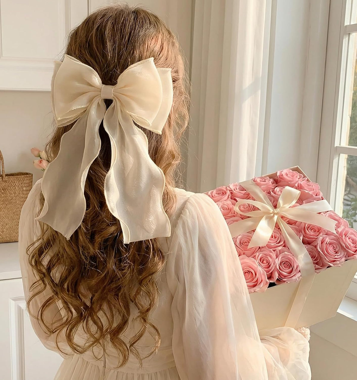 2PCS Light Pink Hair Bow, Pink Bow for Hair with Long Ribbon Tail, 20cm/7.87inches Hair Clips for Women & Girls