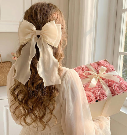 2PCS Light Pink Hair Bow, Pink Bow for Hair with Long Ribbon Tail, 20cm/7.87inches Hair Clips for Women & Girls