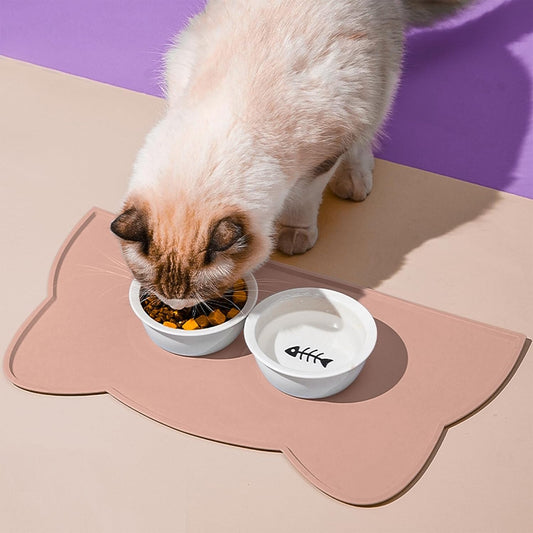 Cat Food Mat, Silicone Non Slip Dog Bowl Mat Waterproof Cat Feeding Mat Stop Food Spills and Water Messes Out to Floor Pet Food Mat (Tea Rose, 17" x 10")