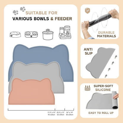 Cat Food Mat, Silicone Non Slip Dog Bowl Mat Waterproof Cat Feeding Mat Stop Food Spills and Water Messes Out to Floor Pet Food Mat (Tea Rose, 17" x 10")