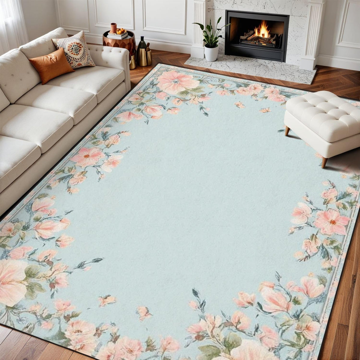 10x14 Area Rugs for Bedroom Boho Washable Rug for Living Room Boho Floral Light Blue Peach Pink Flowers Garland Borders Subtle Soft Rubber Backed Non-Slip Carpet for Dining Room Bedroom Office