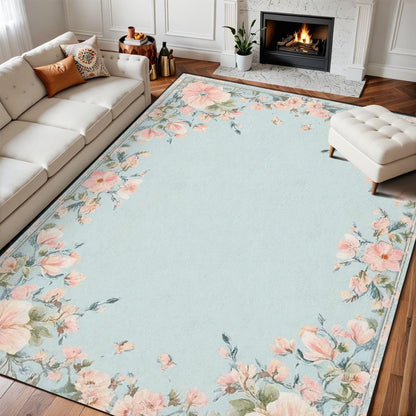 10x14 Area Rugs for Bedroom Boho Washable Rug for Living Room Boho Floral Light Blue Peach Pink Flowers Garland Borders Subtle Soft Rubber Backed Non-Slip Carpet for Dining Room Bedroom Office