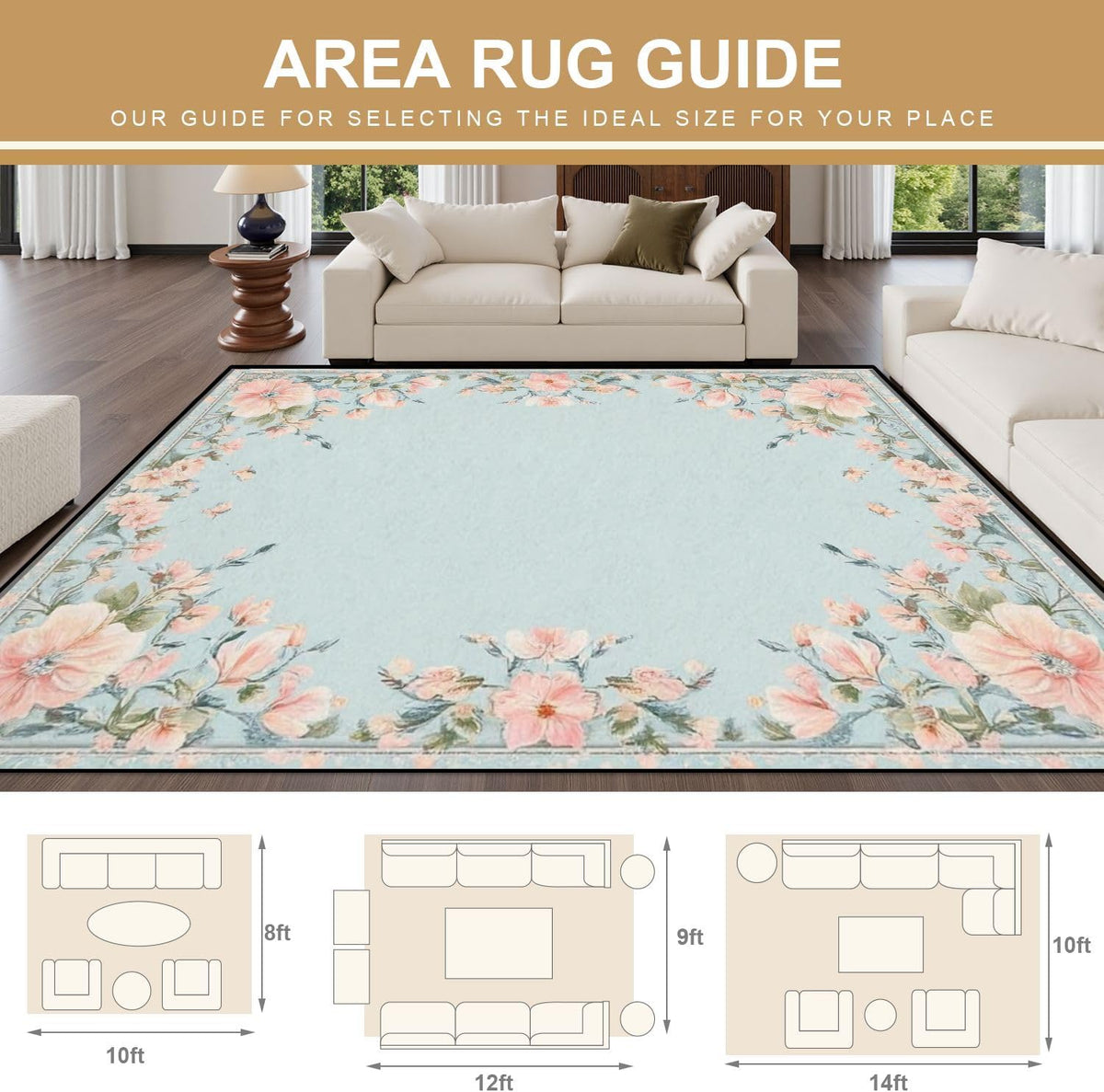 10x14 Area Rugs for Bedroom Boho Washable Rug for Living Room Boho Floral Light Blue Peach Pink Flowers Garland Borders Subtle Soft Rubber Backed Non-Slip Carpet for Dining Room Bedroom Office