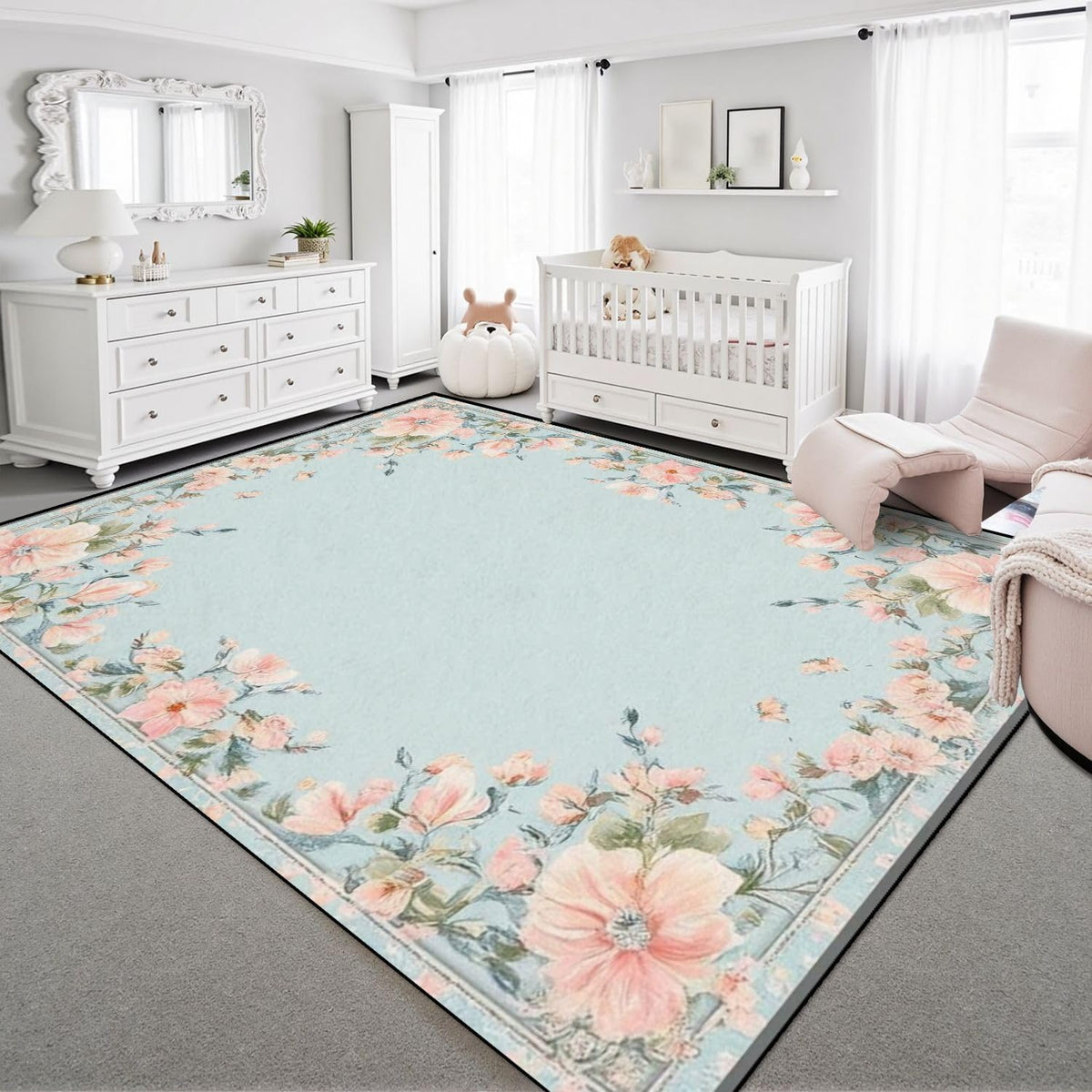 10x14 Area Rugs for Bedroom Boho Washable Rug for Living Room Boho Floral Light Blue Peach Pink Flowers Garland Borders Subtle Soft Rubber Backed Non-Slip Carpet for Dining Room Bedroom Office