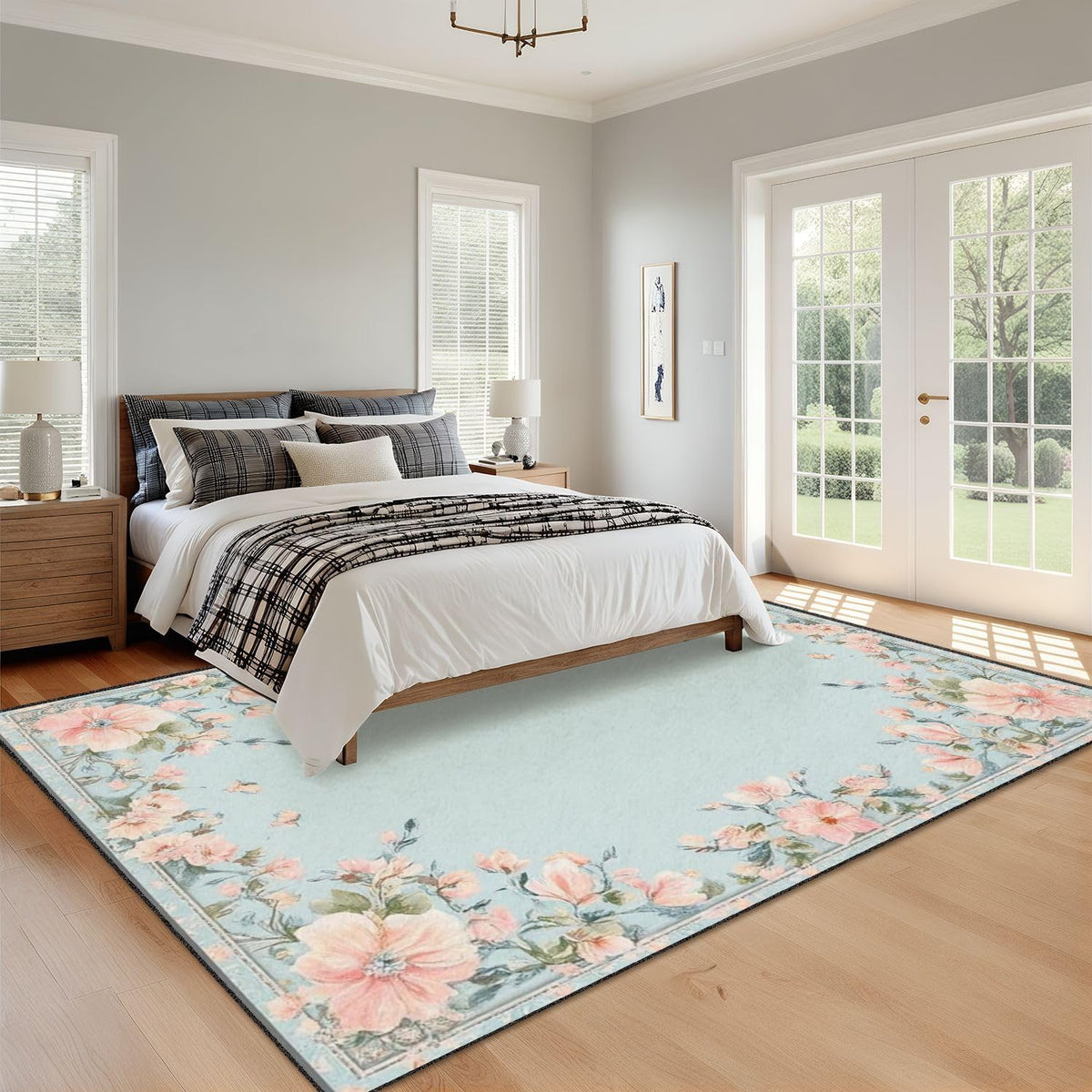 10x14 Area Rugs for Bedroom Boho Washable Rug for Living Room Boho Floral Light Blue Peach Pink Flowers Garland Borders Subtle Soft Rubber Backed Non-Slip Carpet for Dining Room Bedroom Office