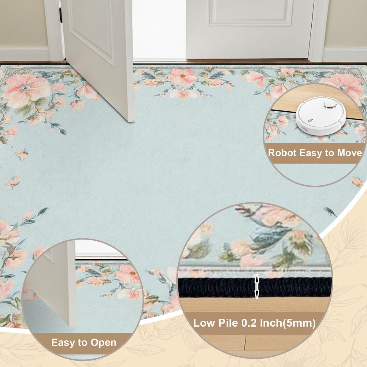 10x14 Area Rugs for Bedroom Boho Washable Rug for Living Room Boho Floral Light Blue Peach Pink Flowers Garland Borders Subtle Soft Rubber Backed Non-Slip Carpet for Dining Room Bedroom Office