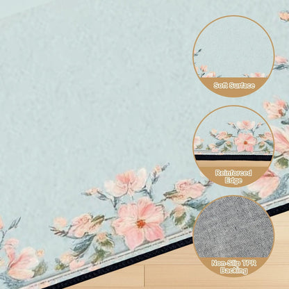 10x14 Area Rugs for Bedroom Boho Washable Rug for Living Room Boho Floral Light Blue Peach Pink Flowers Garland Borders Subtle Soft Rubber Backed Non-Slip Carpet for Dining Room Bedroom Office