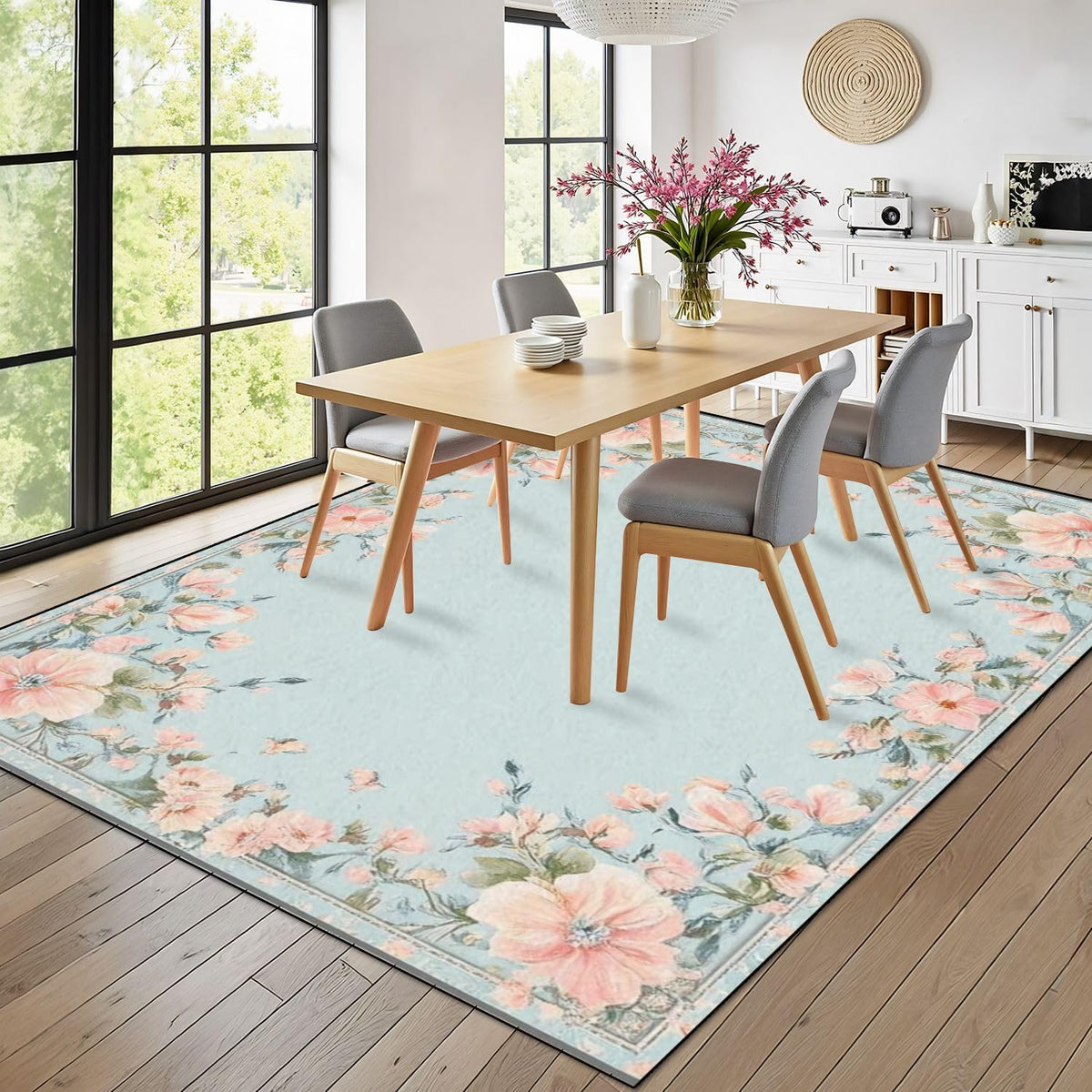 10x14 Area Rugs for Bedroom Boho Washable Rug for Living Room Boho Floral Light Blue Peach Pink Flowers Garland Borders Subtle Soft Rubber Backed Non-Slip Carpet for Dining Room Bedroom Office