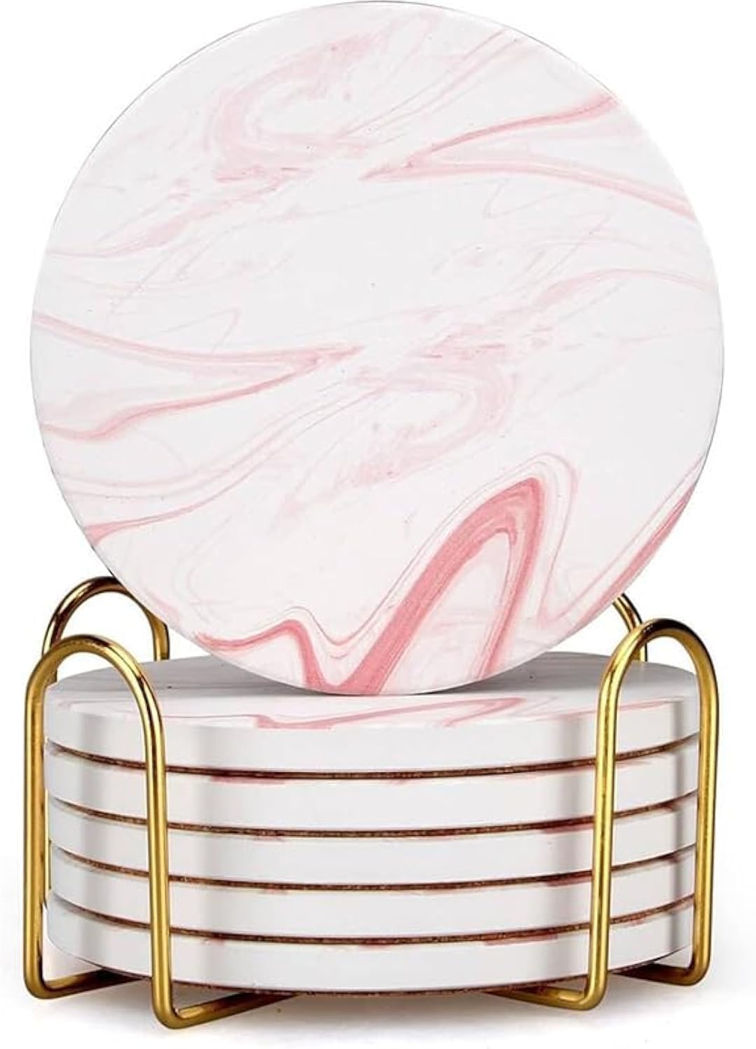 Cute Pink Marble Coasters for Desk Coffee Bar Table Kitchen Decor Set of 6
