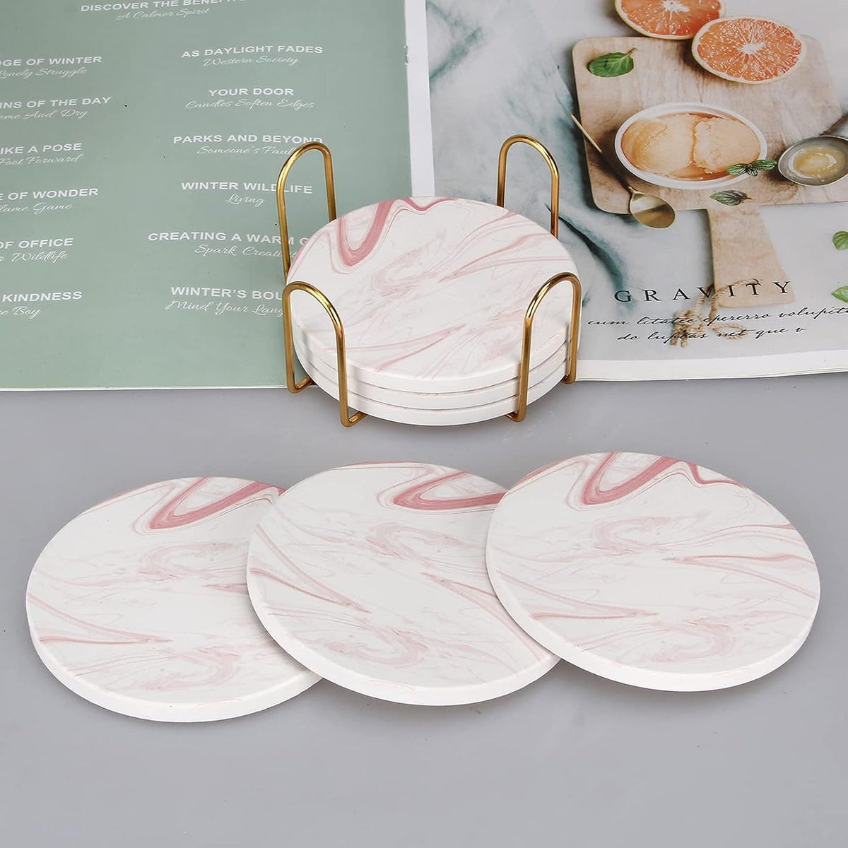 Cute Pink Marble Coasters for Desk Coffee Bar Table Kitchen Decor Set of 6