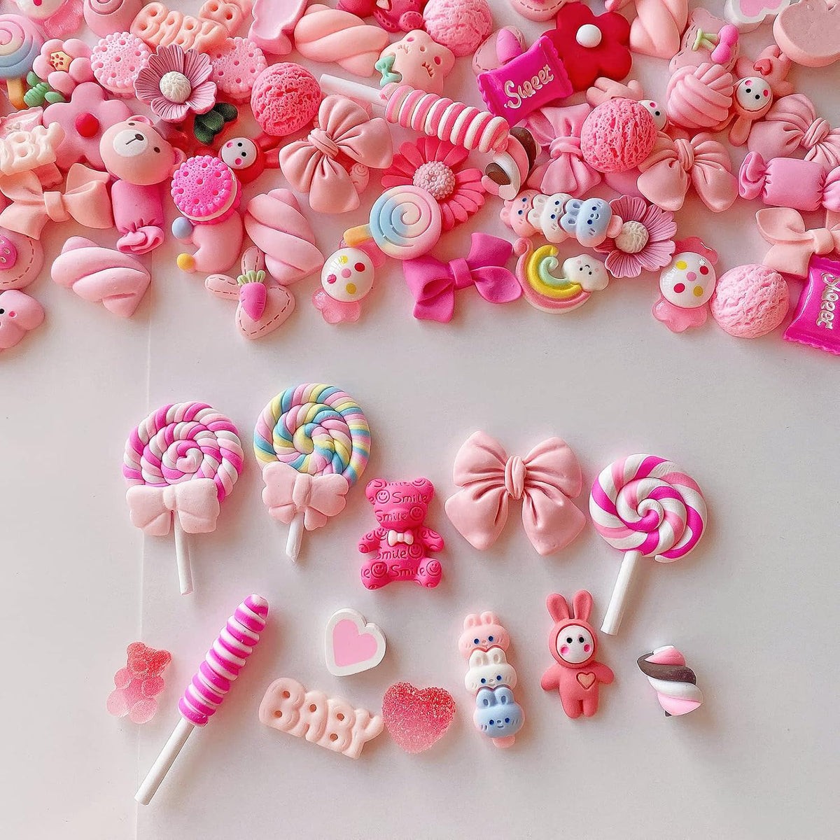 60pcs Cute Set,Pink Flat Back Bulk Mixed Resin Ornament Scrapbooking Set