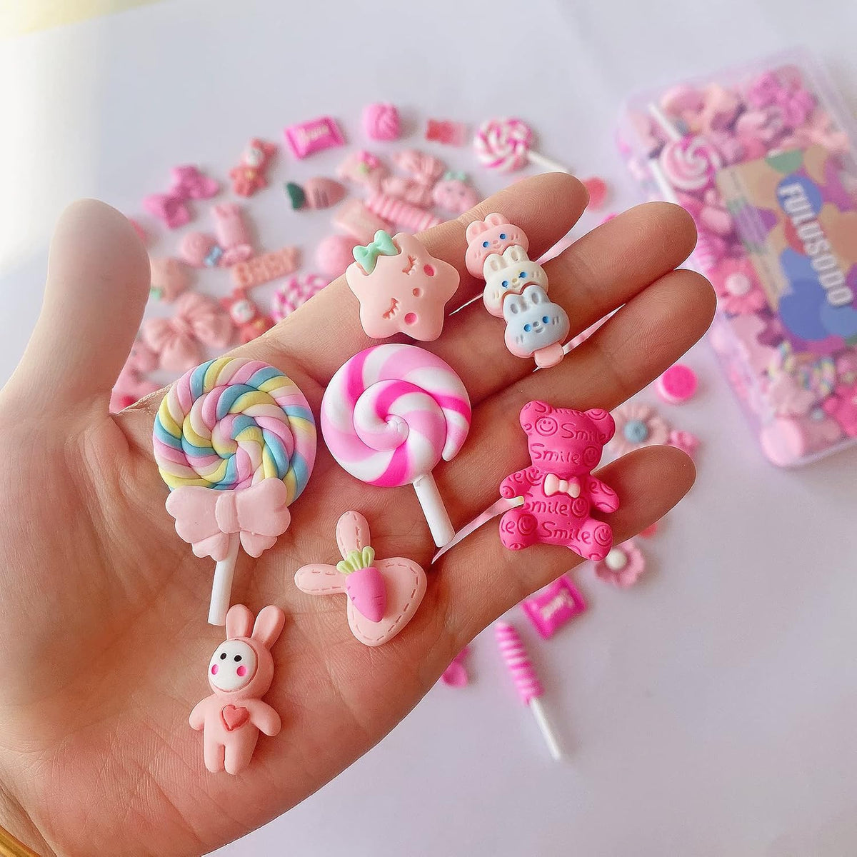 60pcs Cute Set,Pink Flat Back Bulk Mixed Resin Ornament Scrapbooking Set