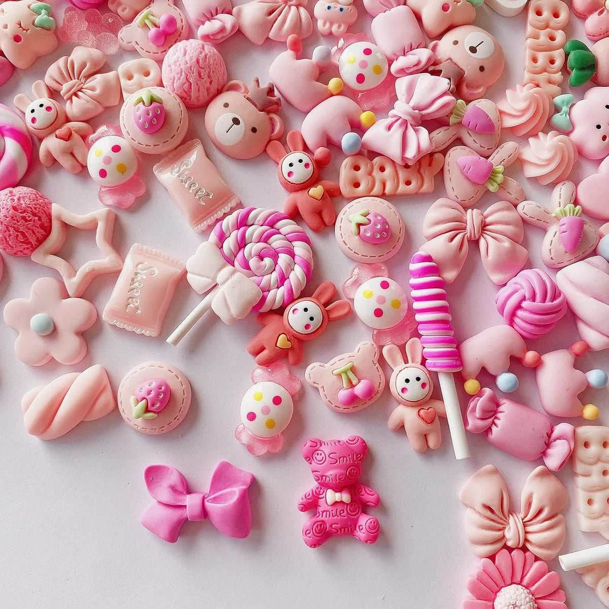 60pcs Cute Set,Pink Flat Back Bulk Mixed Resin Ornament Scrapbooking Set