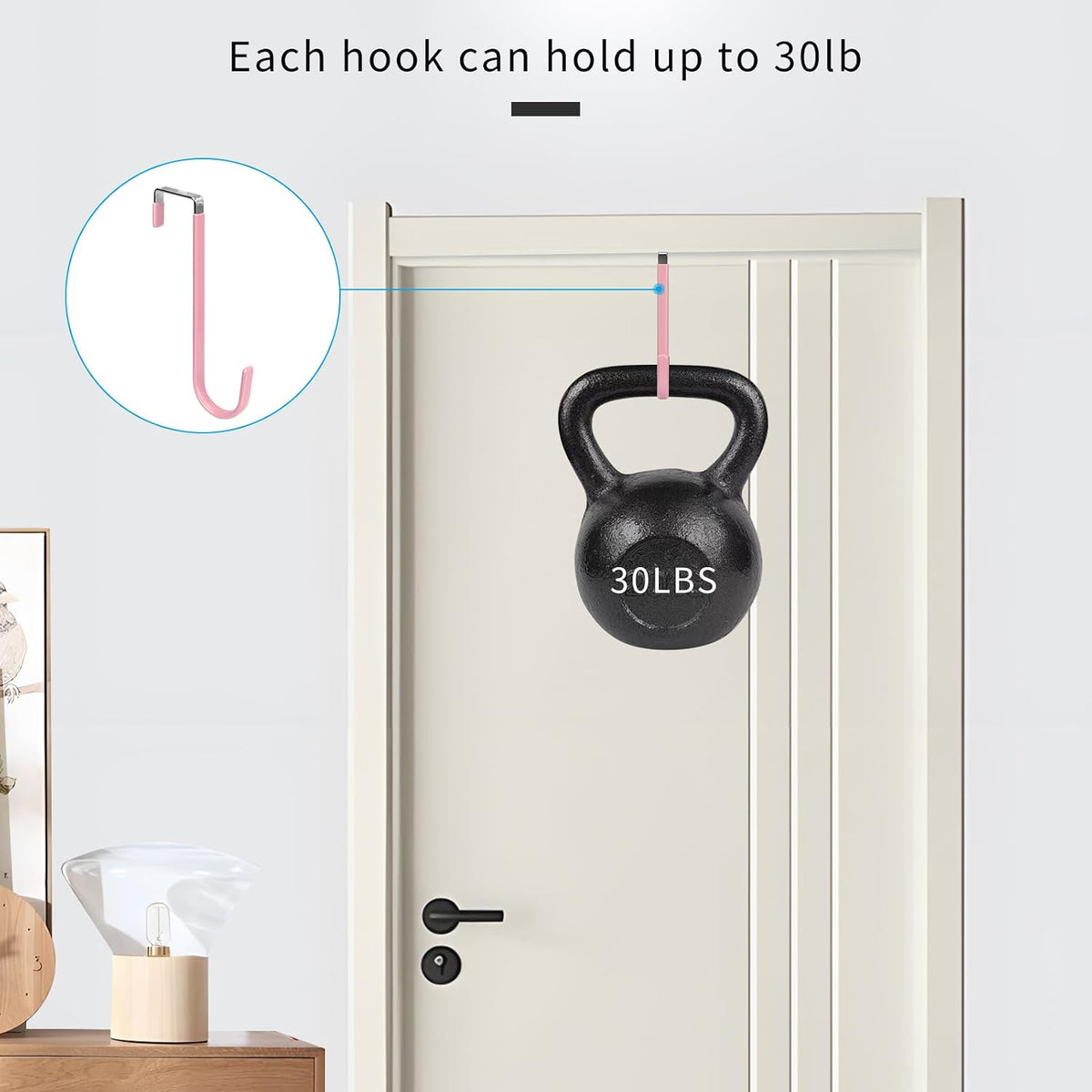 Over the Door Hooks, Single-Hanger 4 Pack, Fits Doors 1.6" Pink