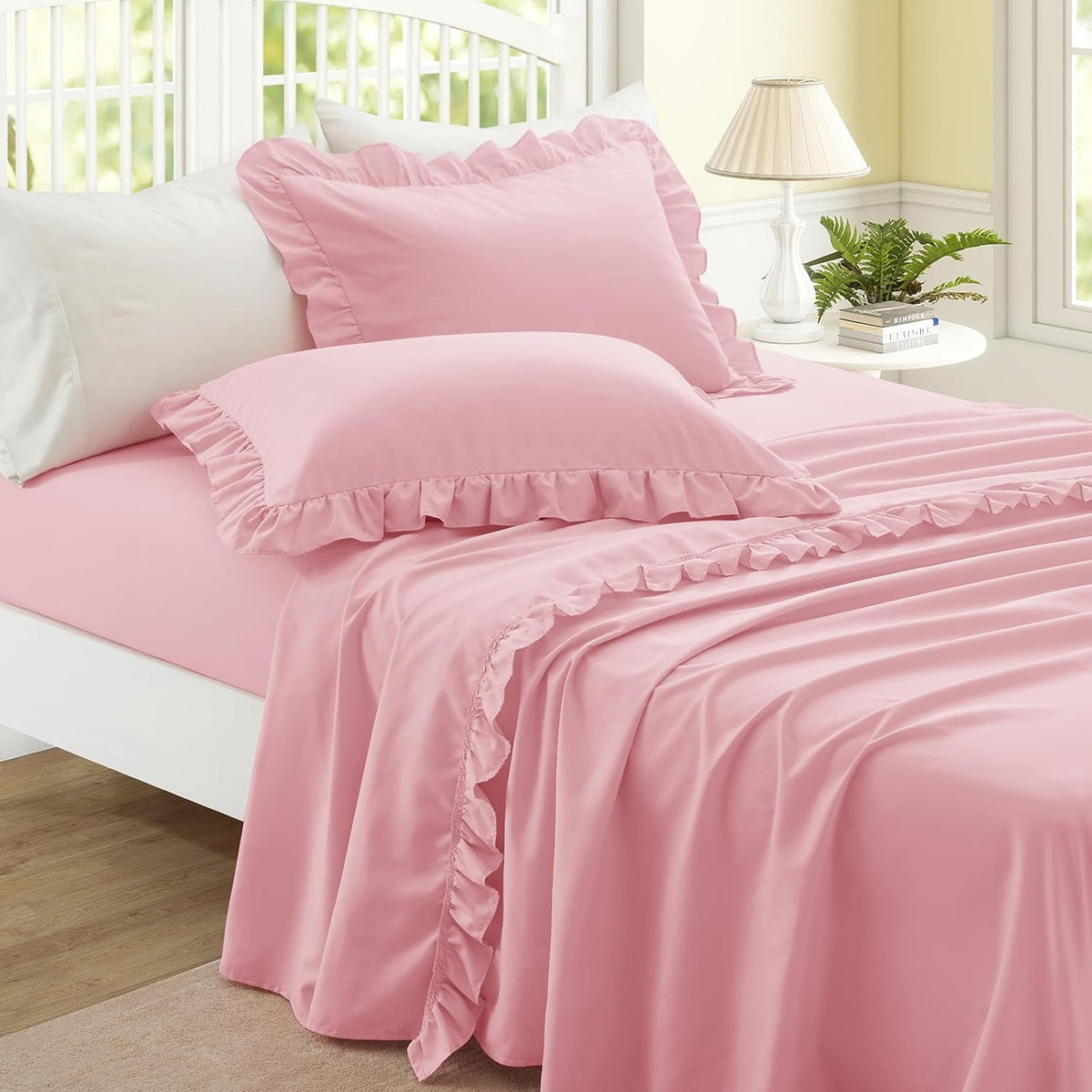 4 Pieces Ruffle Full Sheet Set, Light Pink Bed Sheets Full Size