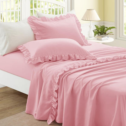 4 Pieces Ruffle Full Sheet Set, Light Pink Bed Sheets Full Size
