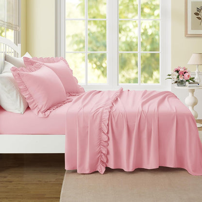 4 Pieces Ruffle Full Sheet Set, Light Pink Bed Sheets Full Size