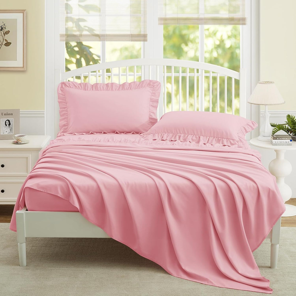 4 Pieces Ruffle Full Sheet Set, Light Pink Bed Sheets Full Size
