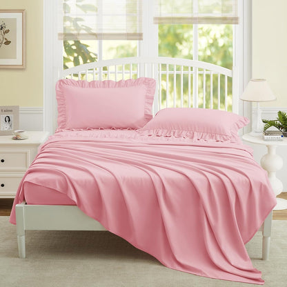 4 Pieces Ruffle Full Sheet Set, Light Pink Bed Sheets Full Size