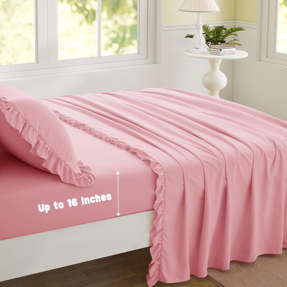 4 Pieces Ruffle Full Sheet Set, Light Pink Bed Sheets Full Size