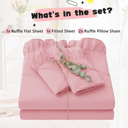 4 Pieces Ruffle Full Sheet Set, Light Pink Bed Sheets Full Size