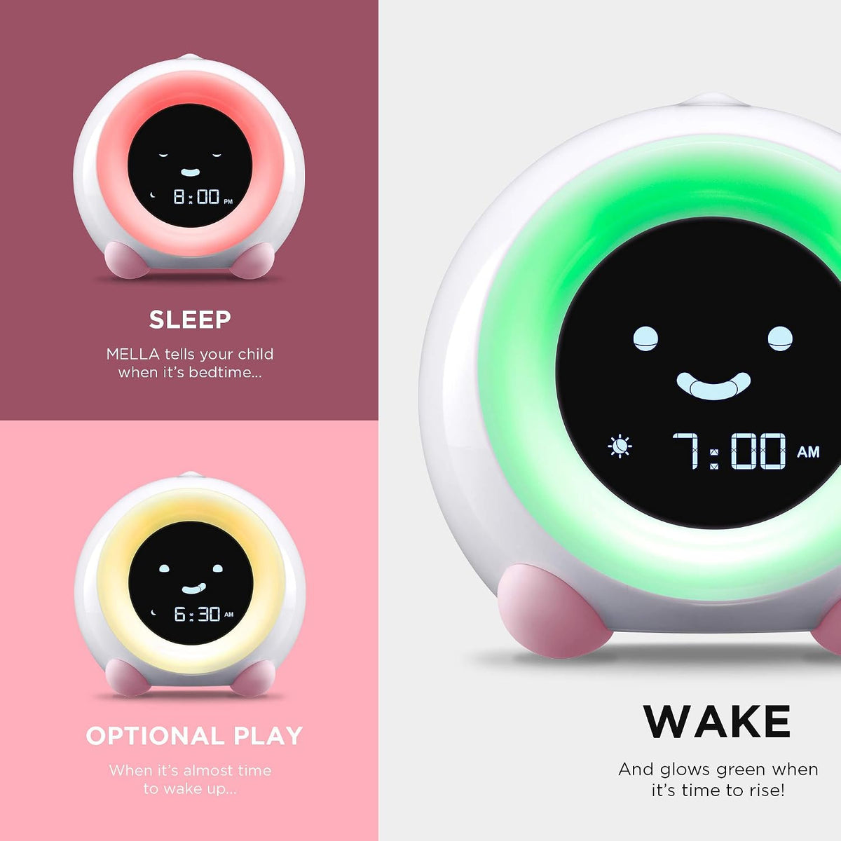 Mella: Kids Alarm Clock, Ready to Rise Children's Sleep Trainer, Night Light, Sound Machine and OK to Wake for Toddlers and Kids - Blush Pink (Updated 2025)