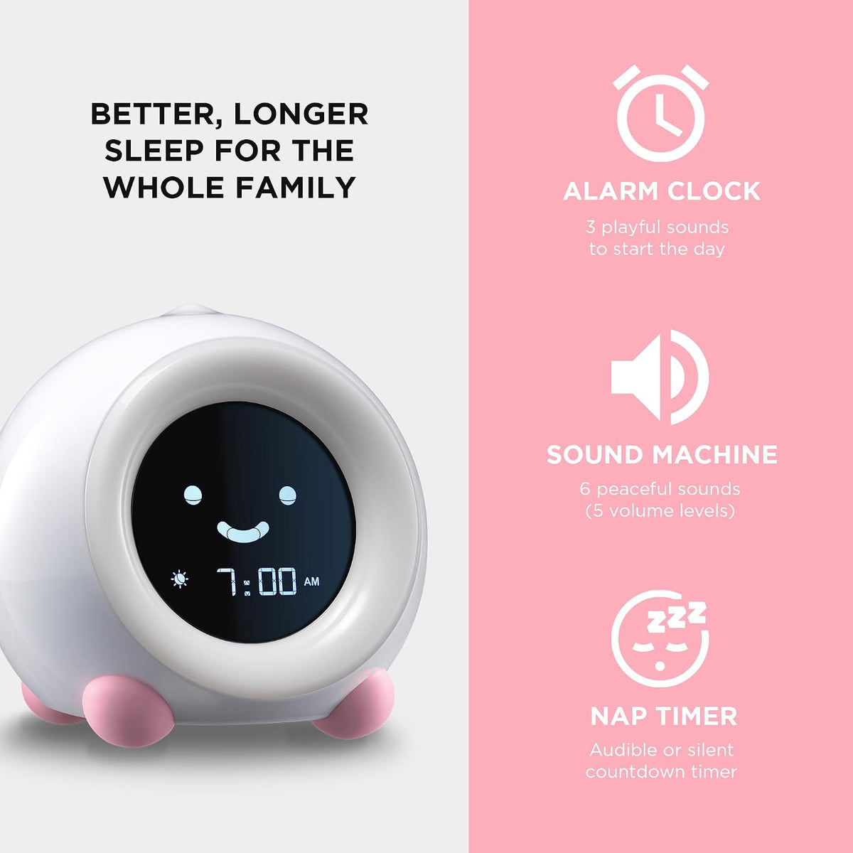 Mella: Kids Alarm Clock, Ready to Rise Children's Sleep Trainer, Night Light, Sound Machine and OK to Wake for Toddlers and Kids - Blush Pink (Updated 2025)