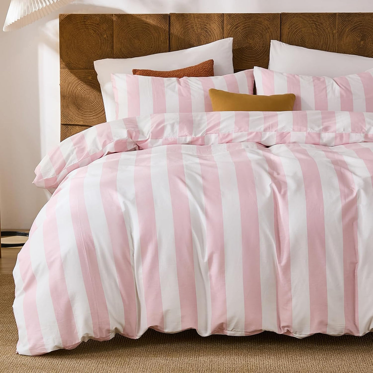 Pink and White Striped Duvet Cover Set King Size, 100% Cotton Bedding Set with Zipper Closure & 8 Corner Ties, Luxury Linen Like Bedding, Soft Breathable Comforter Cover for All Seasons