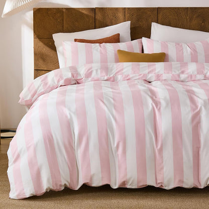 Pink and White Striped Duvet Cover Set King Size, 100% Cotton Bedding Set with Zipper Closure & 8 Corner Ties, Luxury Linen Like Bedding, Soft Breathable Comforter Cover for All Seasons