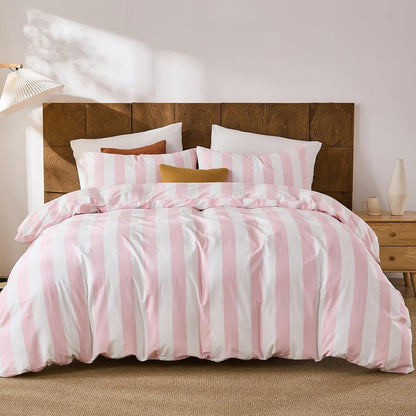 Pink and White Striped Duvet Cover Set King Size, 100% Cotton Bedding Set with Zipper Closure & 8 Corner Ties, Luxury Linen Like Bedding, Soft Breathable Comforter Cover for All Seasons