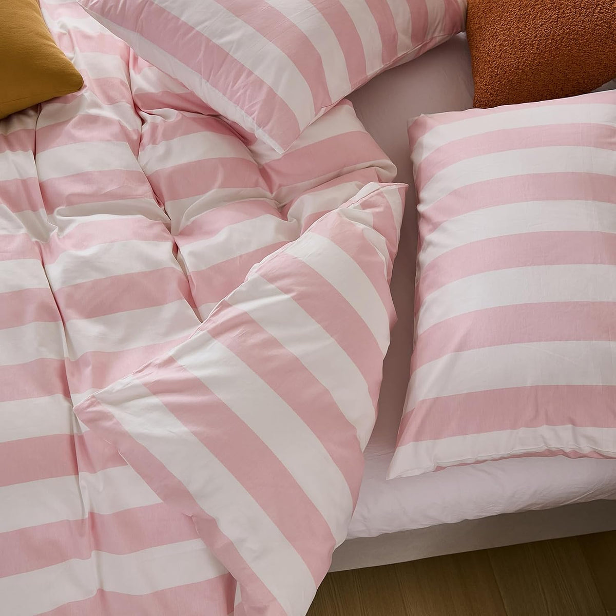 Pink and White Striped Duvet Cover Set King Size, 100% Cotton Bedding Set with Zipper Closure & 8 Corner Ties, Luxury Linen Like Bedding, Soft Breathable Comforter Cover for All Seasons