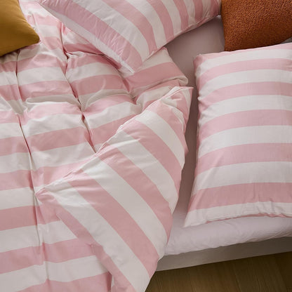 Pink and White Striped Duvet Cover Set King Size, 100% Cotton Bedding Set with Zipper Closure & 8 Corner Ties, Luxury Linen Like Bedding, Soft Breathable Comforter Cover for All Seasons